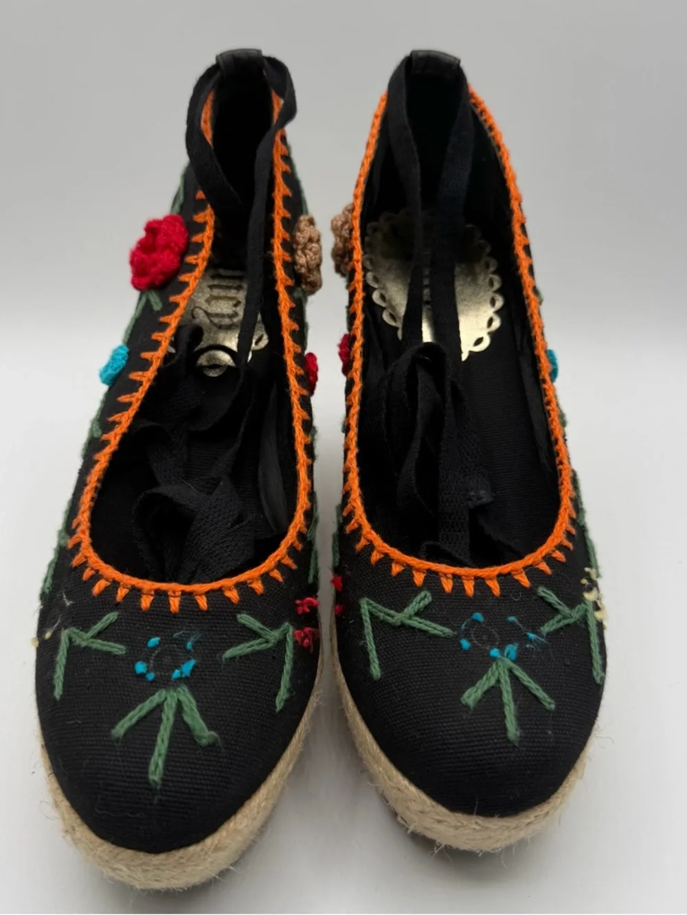 Vintage Y2K Juicy Couture Floral Embroidered Espadrille Wedges Womens 9